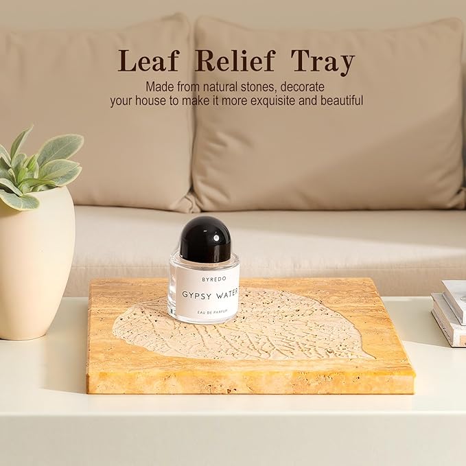 Marble Leaf Embossed Tray, Natural Golden Travertine Vanity Decorative Marble Tray for Bathroom, Jewelry, Kitchen and Desktop, Decorative Stone Pallet for Cosmetics, Perfume and Home Decor