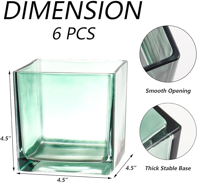 Square Green Glass Vases Set of 6, 5" x 5" x 5" Flower Vases for Centerpieces, Square Vase for Centerpieces, Small Vase for Wedding, Party, Home Office Decoration