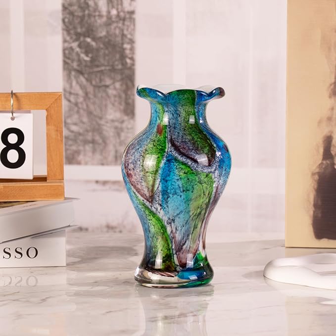 KAMMAK Colored Glass Vase, Beautiful Hand Blown Decorative Vase, Modern Art Vase for Flower Mantle Dining Table Centerpiece, Entryway Living Room Wedding Decoration, FH010