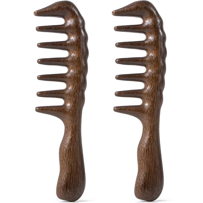 Wooden Wide Tooth Comb, 2 Pack Large Thicken Natural Sandalwood Hair Combs for Curls, Women and Men, Detangles Long Thick Wet or Dry Hair, Head Scalp Massager, Anti-static (Golden Sandalwood)