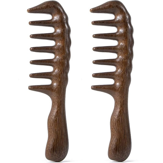 Wooden Wide Tooth Comb, 2 Pack Large Thicken Natural Sandalwood Hair Combs for Curls, Women and Men, Detangles Long Thick Wet or Dry Hair, Head Scalp Massager, Anti-static (Golden Sandalwood)