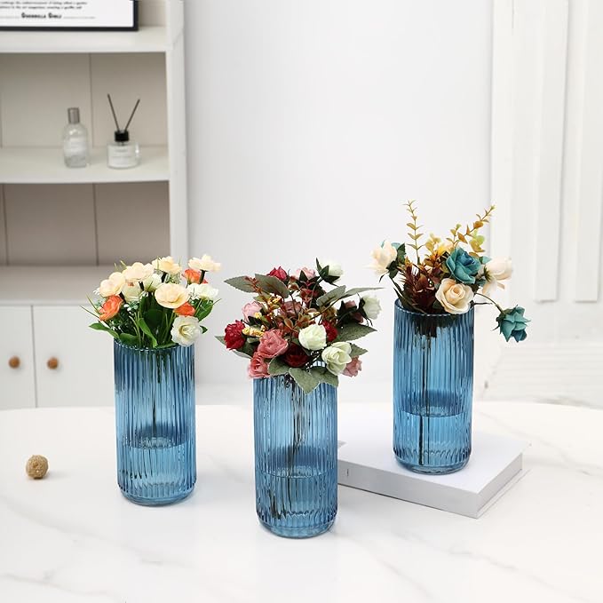 Blue Glass Vases, Flower Vases Set of 3, Ribbed Glass Vase for Tulips, Tall Cylinder Glass Vases for Living Room, Bedroom, Dining Table, Office, Wedding, Bookshelf Decoration, 8 Inches