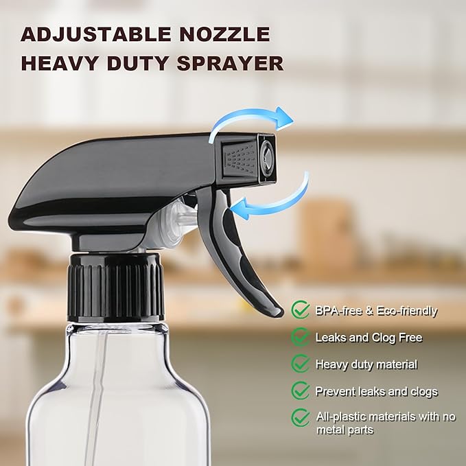 Spray Bottles Plastic Spray Bottle for Hair Mist/Stream Heavy Duty Empty Spray Bottles for Cleaning Solutions, Plants, Cooking (12oz-BlackClear)