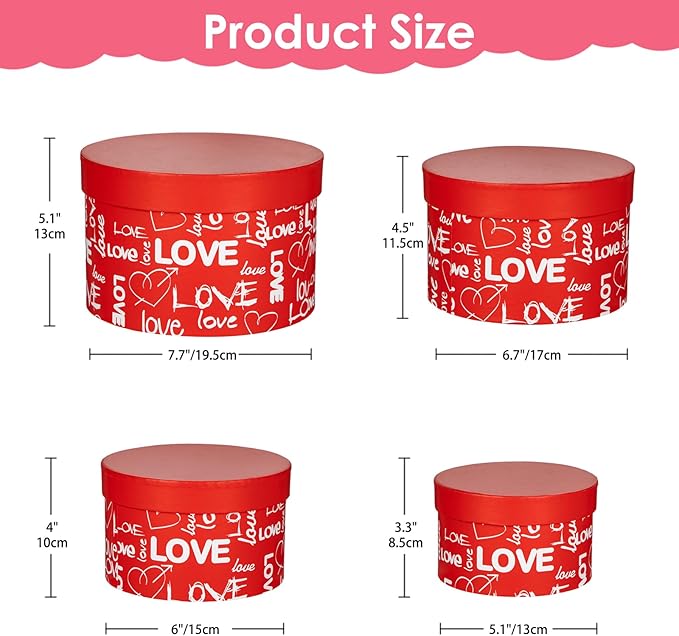 Luxury Round Nested Gift Boxes with Lids (Set of 4) – Reusable Sturdy Cardboard Gift Box Set for Birthdays, Weddings, Anniversaries, Christmas, and Valentine’s Day – Red