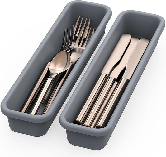 2 Pack Silicone Silverware Organizer, DIY Free Combination Utensil Drawer Organizer, Silverware Drawer Organizer, Flatware Cutlery Tray for Spoons Forks. Anti-slip and Environmentally Design (Grey)