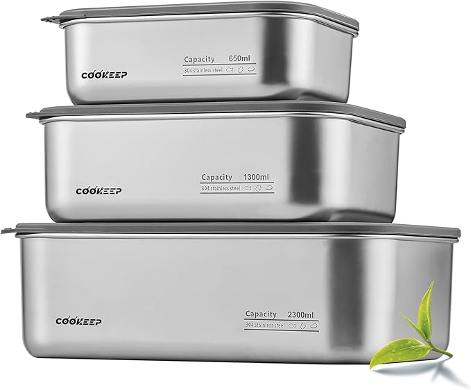 3 pcs Stainless steel food storage containers With lids，stainless steel snack containers，stainless steel lunch box，Easy Clean,Airtight & Leakproof for kitchen storage，Dishwasher safe (22oz+44oz+77oz)