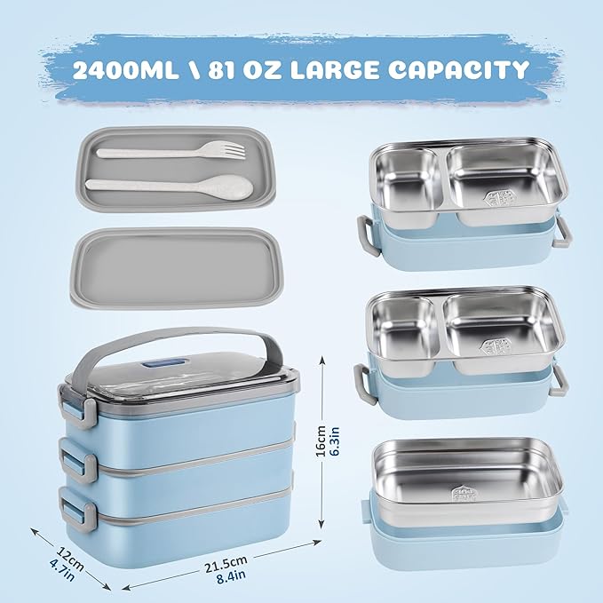 Bento Lunch Box for Kids Women Men, 47oz 2-Compartment Salad Metal Food Prep Pack Container for Lunch, Stainless Steel 3 Layers Stackable Lunch Containers with Lids for Adults and Teens Light Blue