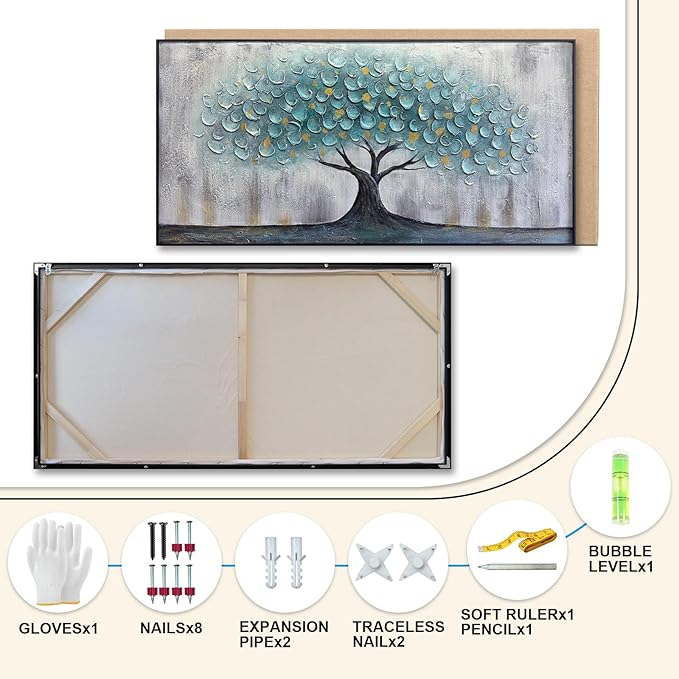 Teal Blue Tree of Life Canvas Wall Art for Living Room, Hand Painted Modern Abstract Textured Painting, Large Framed Panoramic Landscape wall art for Living Room, Bedroom, Office, Home Decor 48"x24"