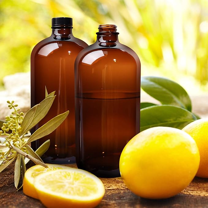 4 Pack 32 oz Amber Boston Round Glass Bottles with Black Caps for Secondary Kombucha Fermentation and Lab Chemicals (1 Funnel and 10 Pieces Black Chalkboard Labels Included)