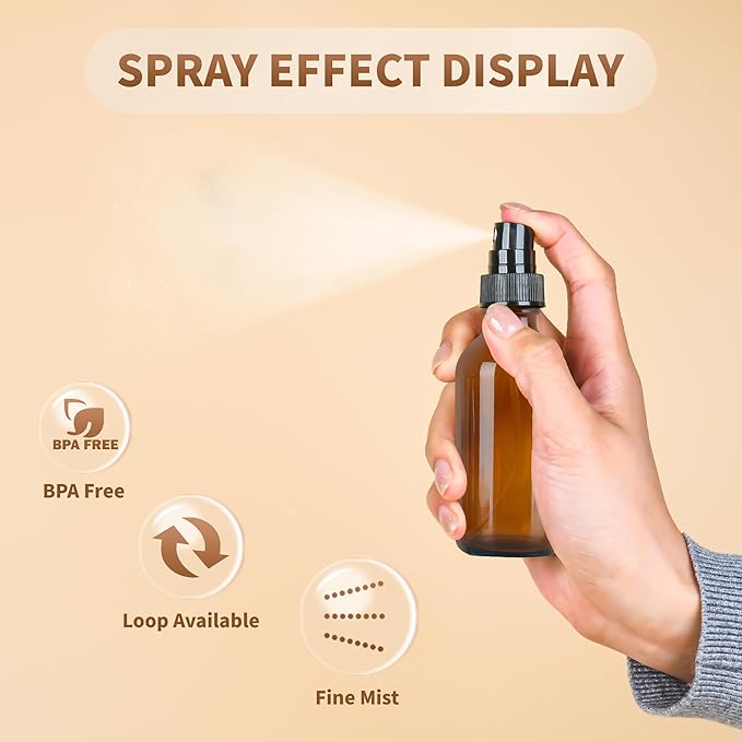 BILLIONSTARS 48 Pack 2oz Glass Boston Round Bottle with Fine Mist Sprayer - Amber - Essential Oils, Bath, Beauty, Hair & Cleaning - Leakproof Travel Bottles