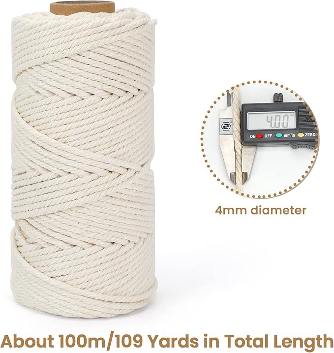 Natural Cotton Macrame Rope - 4mm x 109Yards (328Feet), Khaki - 4 Strands Twisted Macrame Cord for Wall Hanging, Plant Hangers, Crafts, Gift Wrapping and Wedding Decorations