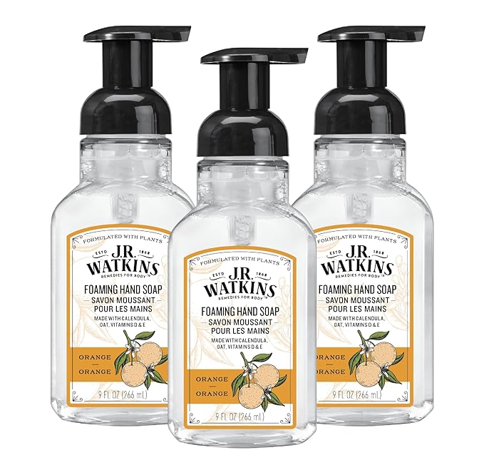 J.R. Watkins Foaming Hand Soap Pump with Dispenser, Moisturizing Hand Soap Foam, Alcohol-Free and Cruelty-Free, Use for Kitchen or Bathroom, Orange, 9 fl oz, 3 Pack