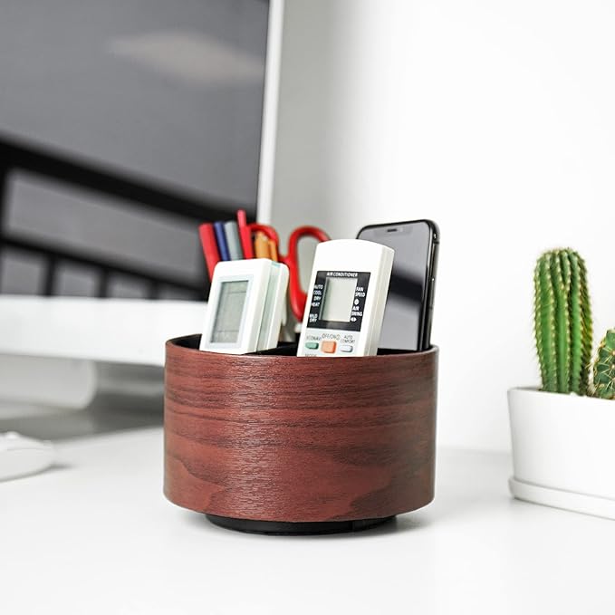 Hennaja Round Leather Art Supply Organizer,Remote Control Holder,360 Degree Spinning,Multi-Functional Pencil Holder,4 Compartments Desktop Stationary Organizer(1-Light Brown2)