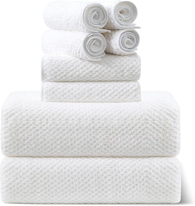 8pcs Bath Towel Set, 2 Extra Large Bath Towel Sheets, 2 Hand Towels and 4 Washcloths- Highly Absorbent Microfiber,Ultra Soft Towel Set for Bathroom,Waffle Weave Design, Pack of 8 (White)