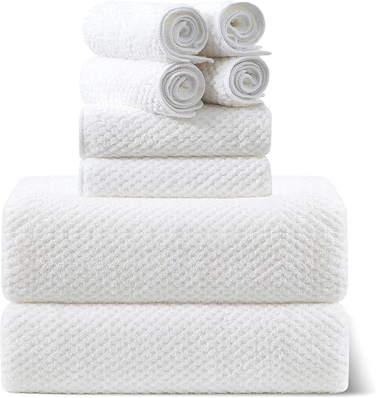 8pcs Bath Towel Set, 2 Extra Large Bath Towel Sheets, 2 Hand Towels and 4 Washcloths- Highly Absorbent Microfiber,Ultra Soft Towel Set for Bathroom,Waffle Weave Design, Pack of 8 (White)