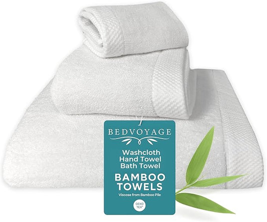 BedVoyage Luxury Bath Towels Set of 3 - Ultra Soft Plush Bathroom Towel Set - Highly Absorbent Viscose from Bamboo Bath Towels Ultra Soft - 3pc Spa Towel for Body - White