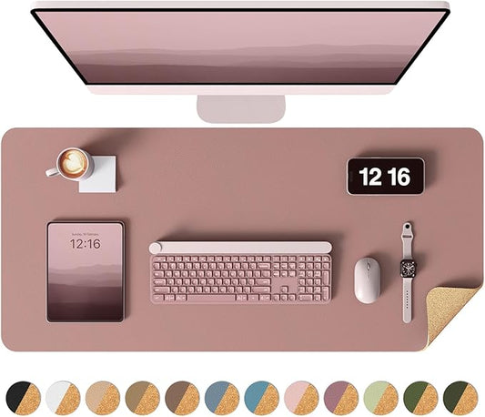 YSAGi Double-Sided Desk Pad, 31.5"x15.7" Leather Desk Mat, Eco Cork Desk Pad Protector,Large Mouse Pad,Waterproof Desk Blotter for Office/Home (Pale Mauve/Cork)