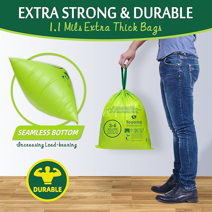 Compostable Kitchen Trash Bags 3-4 Gallon (100-Pack) - Heavy-Duty 1.1 Mil, 100% Biodegradable, ASTM D6400, BPI & OK Compost HOME Certified, Eco-Friendly, Leakproof & Odor Control