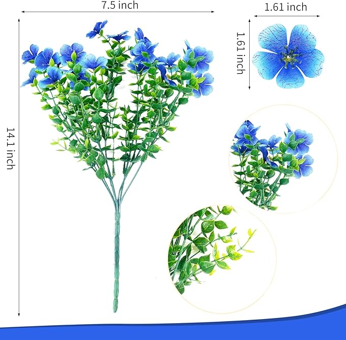 20 Bundles Artificial Flowers for Outdoors‌ with 6 Faux Butterflies, UV Resistant Fake Flowers‌ with Eucalyptus Leaves, Artificial Plants Outdoor‌ for Patio Garden Porch Home Decor (Blue)