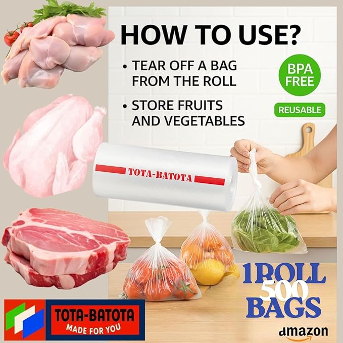 Plastic Produce Bags on Roll – 500 Count, 10x15 in, Clear Food Storage Bags with Easy Tear Red Line, for Fruits, Vegetables, Meat, Freezer, Grocery & Kitchen Use,TOTA-BATOTA