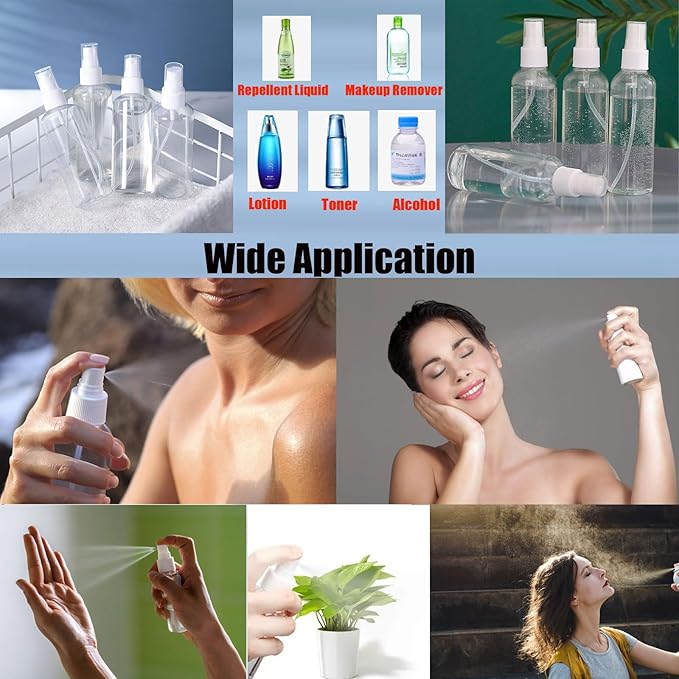 Small Spray Bottle, 4 Pack 100ml/3.5 oz Travel Clear Plastic Refillable Empty Fine Mist Spray Bottle with 24pcs Labels for Travel, Cleaning, Gardening, Skin Care