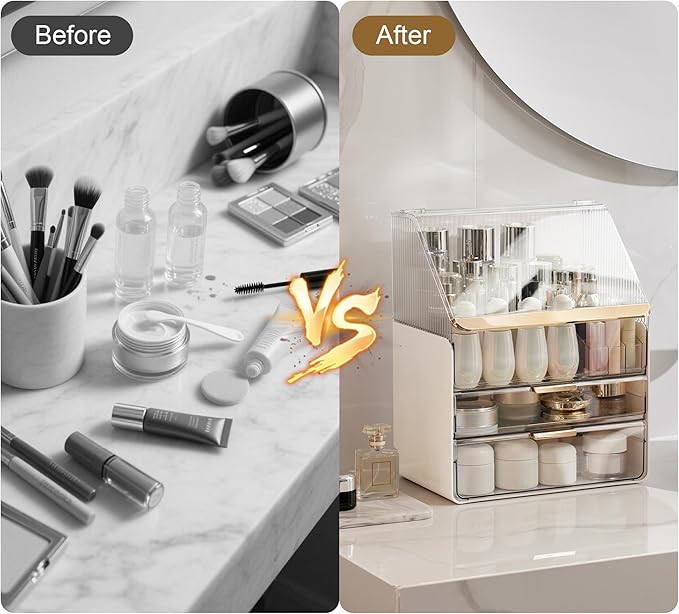 JOYMOOP Makeup Organizer with Transparent Cover, Skincare, Lipstick and Perfume Storage, Cosmetic Organizer, Makeup Box for Bathroom Countertop or Vanity Desk, White & Gold