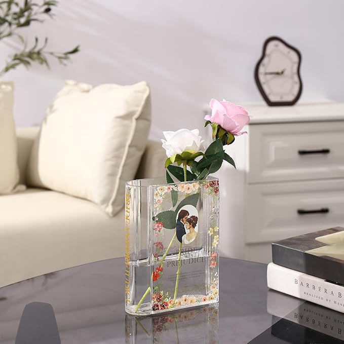 Book Vase for Flowers, Glass Book Shaped Vase, Clear Flower Vases, Large Glass Vases for Home, Office, Bedroom, Living Room, Dining Table, Bookshelf(Pride)