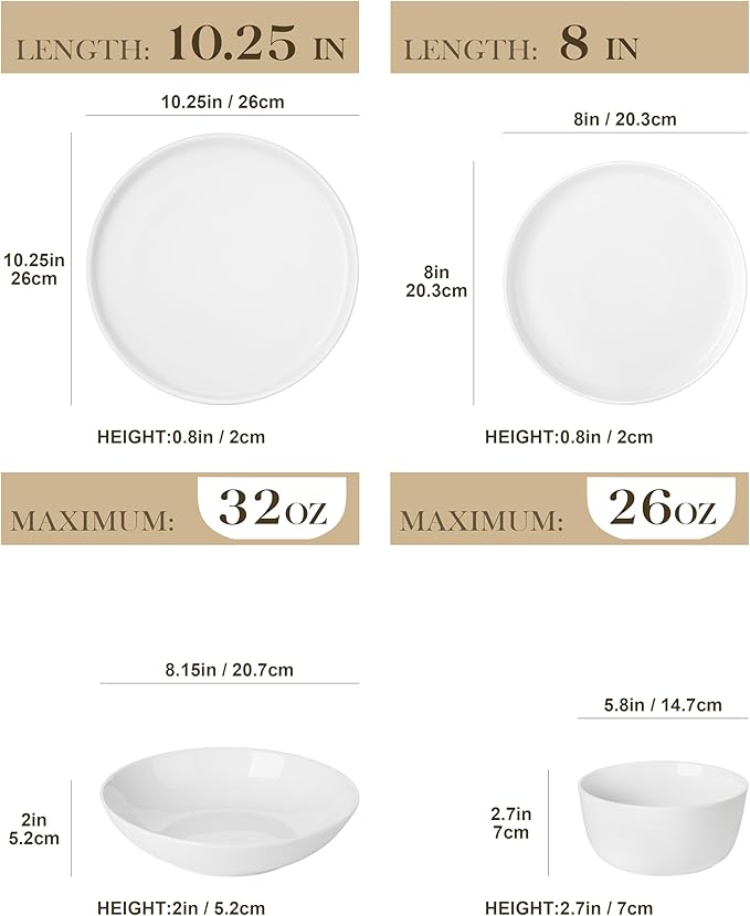 MALACASA 24 Pieces Gourmet Porcelain Dinnerware Sets, Premium Plates and Bowls Set, High-Fired Ceramic Dishes Set for 6, Chip & Scratch Resistant, Microwave Dishwasher Safe, White, Series LEXI