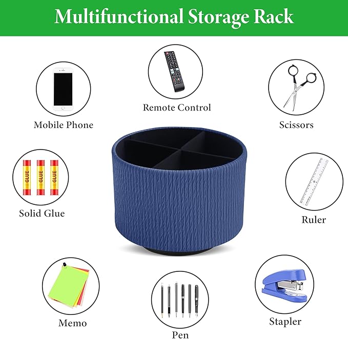 Hennaja Round Leather Art Supply Organizer,Remote Control Holder,360 Degree Spinning,Multi-Functional Pencil Holder,4 Compartments Desktop Stationary Organizer(1-Vertical Wood Blue)