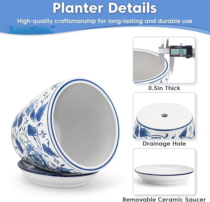 8 inch Ceramic Planters for Indoor Plants, Chinoiserie Decor Ceramic Pots for Plants Flower Plant Pots Indoor with Drainage and Saucer, Blue and White