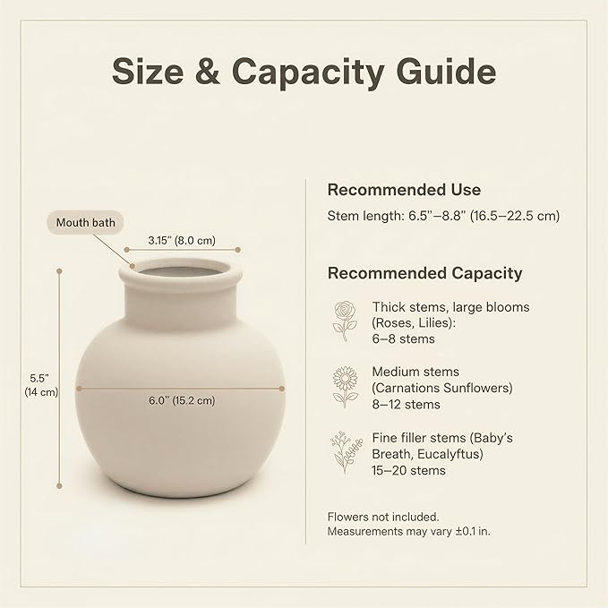 5.5-Inch Off-White Ceramic Flower Vase, Rustic Farmhouse Boho Pottery Decor for Living Room, Table Centerpiece, Mantel & Shelf