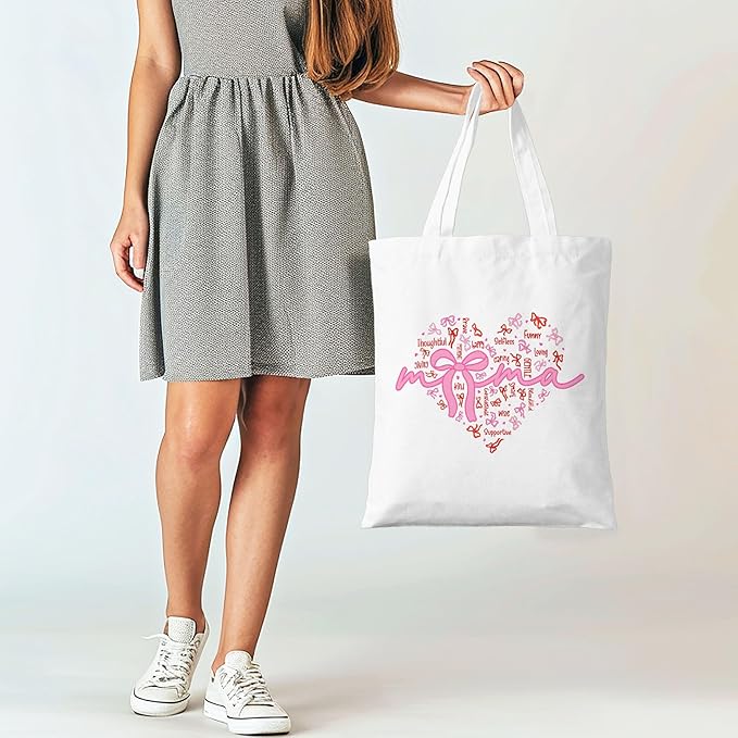 Pink Bow Mama Tote Bag, Practical Mother's Day/Birthday/Christmas Gift, Cute Canvas Bag, Reusable Shopping Bag for Mom, Grandma. (077)