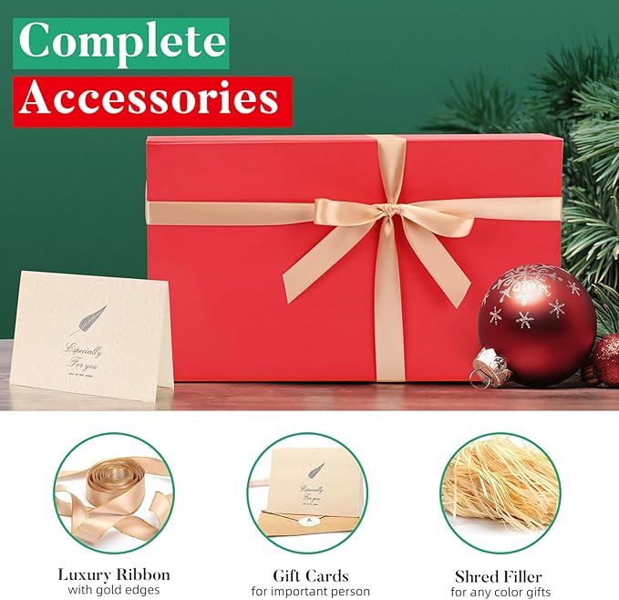 LIFELUM Red Christmas Gift Box 13.85 x 8.35 x 4.45 inch Large Gift Boxes with Magnetic Closure Luxury for Gifts Box Contains Card, Ribbon, Shredded Paper Filler Wedding, Halloween, Birthday