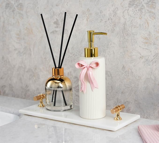 Handmade Ceramic Bow Soap Pump Dispenser Hand Lotion Liquid Dispenser Refillable for Kitchen and Bathroom Decorative (Ribbon Pink)
