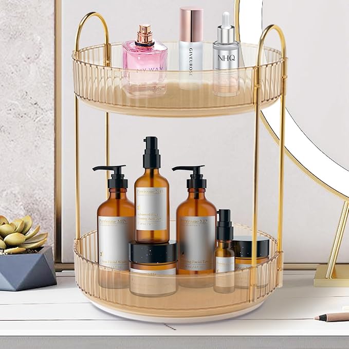 Rotating Makeup Organizer Countertop 2 Tier Lazy Susan Trays Clear Skincare Perfume Storage for Bathroom Counter Vanity, Amber Gold