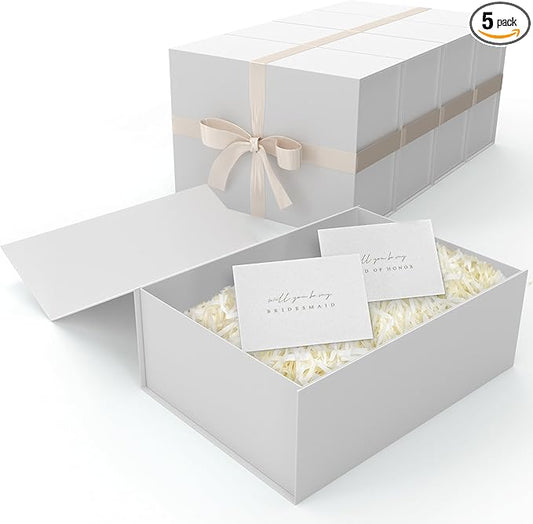 Gift Box Set - Bridesmaids Gifts for Wedding (5 Pack), All Occasions, Bridesmaid Proposal, Magnetic Boxes With Lids, Big Set For Bridal, 13.5 x 9 x 4.5 inches, Large White GiftBox
