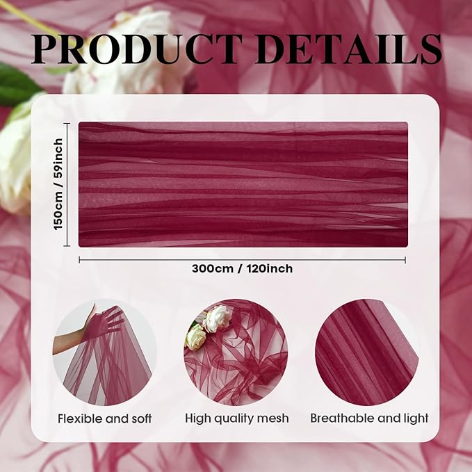 Artoid Mode 6PCS Burgundy Gauze Table Runner 120 Inch 10FT, Seasonal Sheer Kitchen Dining Holiday Wedding Birthday Baby Shower Table Decor for Home Party