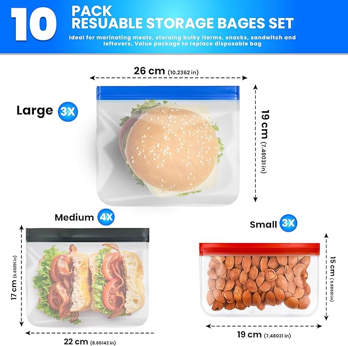 10-Pack Extra Thick Reusable Silicone Food Storage Bags – 3 Small, 4 Medium, 3 Large Leakproof BPA-Free Ziplock Bags – Freezer Safe, Dishwasher Safe Meal Prep Set for Marinating, Lunch & Travel