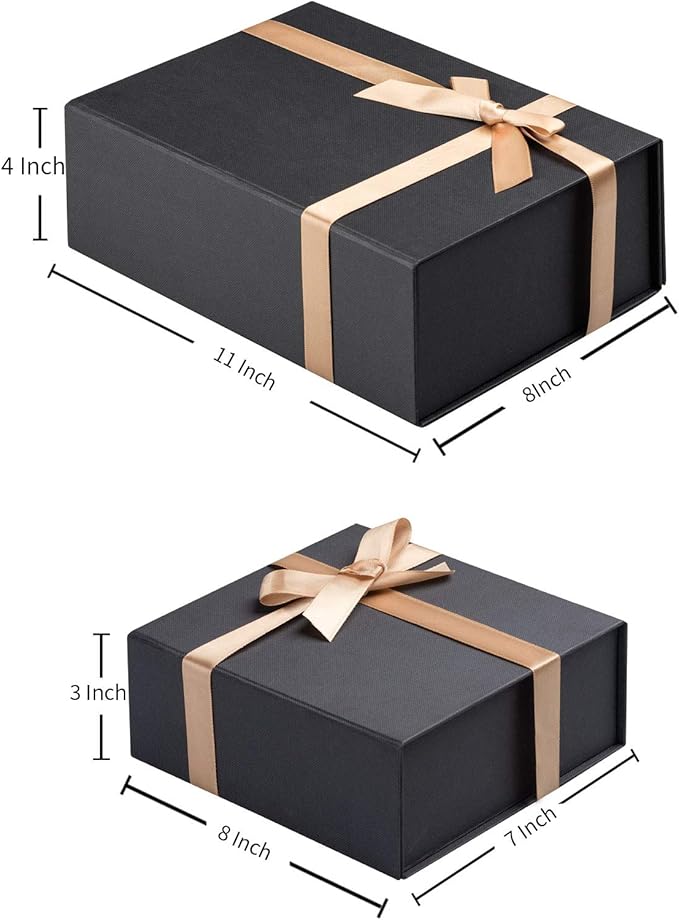 LIFELUM Black Gift Box 8 x 7 x 3 inch, Gift Box with lid Magnetic Closure Box Sturdy Box for Gift Includ Greeting Cards,Ribbon,Shredded Paper Filler for Presents (1 Pcs)