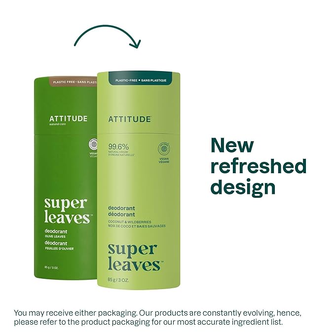 ATTITUDE Plastic-Free Deodorant, EWG Verified, Aluminum Free, Vegan Naturally Sourced Body Deodorants for Women & Men, Dermatologically Tested, Olive Leaves, 3 Ounces