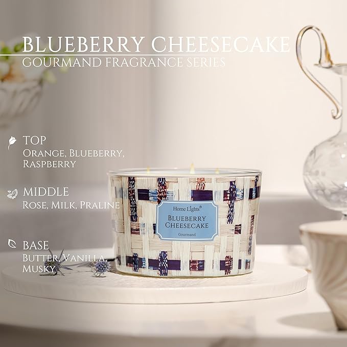 HomeLights Scented Candles for Women & Men, 18oz Candle Jars Aromatherapy 4-Wick Candle, Ideal for Rustic Modern Home Decor and Gifts, Blueberry Cheesecake