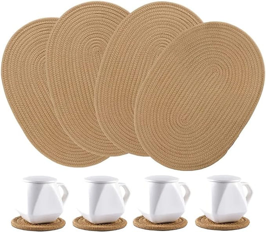 4 Pack Oval Jute Woven Placemats and Set of 4 Round Fabric Coasters, Cotton Braided Placemats Set, Dining Table Mat, Heat-Resistant Pot Holders, Washable Place Mats