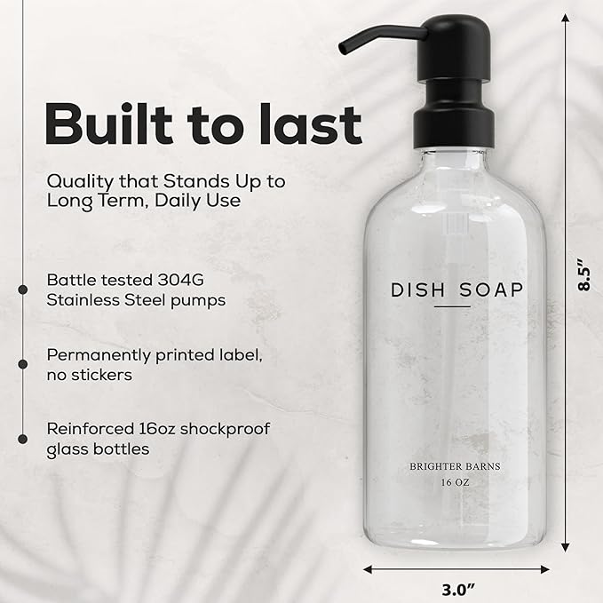 Clear Glass Hand and Dish Soap Dispenser Set by Brighter Barns - Kitchen Soap Dispenser Set & Pump - Glass Bottles for Kitchen Sink - Neutral Home Decor, Modern Farmhouse Bathroom Accessories (Clear)