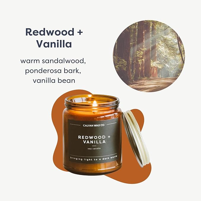 Calyan Wax Co. Redwood & Vanilla Scented Candle - 57 Hour Burn - Luxury Non Toxic Soy Wax Candles - Long Lasting Amber Glass Jar Candle for Home - 7.2oz