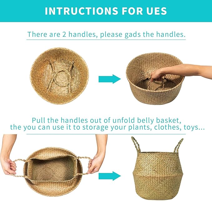 Seagrass Belly Basket, Set of 2 Woven Plant Pot Holder Handmade Home Decor for Storage Plants Picnic Grocery Large(12.6 x 11.02 inch)