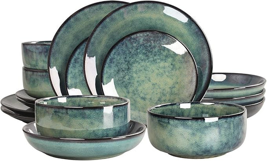 Ceramic Dinnerware (16 pcs) Serve 4 people, Plates and Bowls Sets, Reactive Glaze Dishes Set, Chip Resistant and Scratch Resistant, Dishwasher Microwave Safe, Suitable for dinner, parties