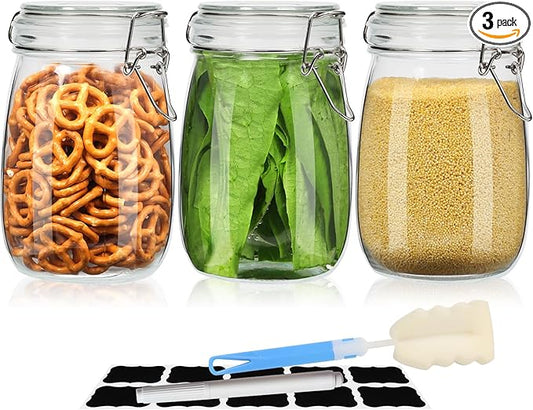 EkkoVla 34 oz Glass Food Storage Jars with Airtight Clamp Lids, Set of 3 Kitchen Canisters, Round Mason Jars Containers for Pasta, Coffee, Candy, Flour, Cereal, Dog Treats, Snacks and Canning