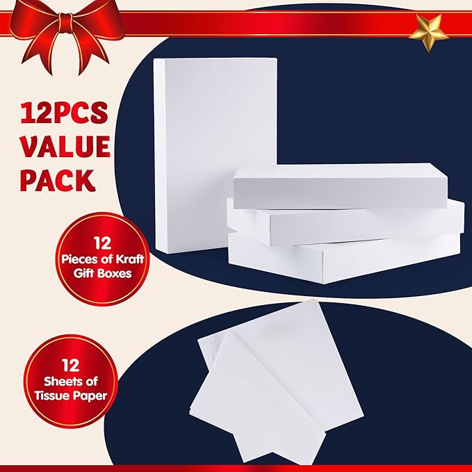 JOYIN 12 PCS 17" Christmas Shirt Gift Boxes with Lid for Presents, Extra Large White Cardboard Box with Tissue Paper, Robe Box for Clothes, Father's Day, Xmas Birthday Holiday Wedding Gift Wrap Decor