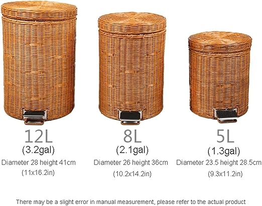 Rattan Round Foot Pedal Trash Can with Lid,Kitchen Wicker Garbage Can Bedroom Retro Office Silent Handwoven Wastebasket (Brown,12L)