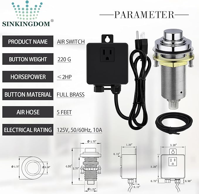 SinkTop Air Switch Kit with Chrome Long Button (Full Brass) for Garbage Disposal, Single Outlet
